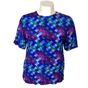 Quo-Silk Blouse Women's M Silk Blue Purple Vibrant Geometric Short Sleeve Modest